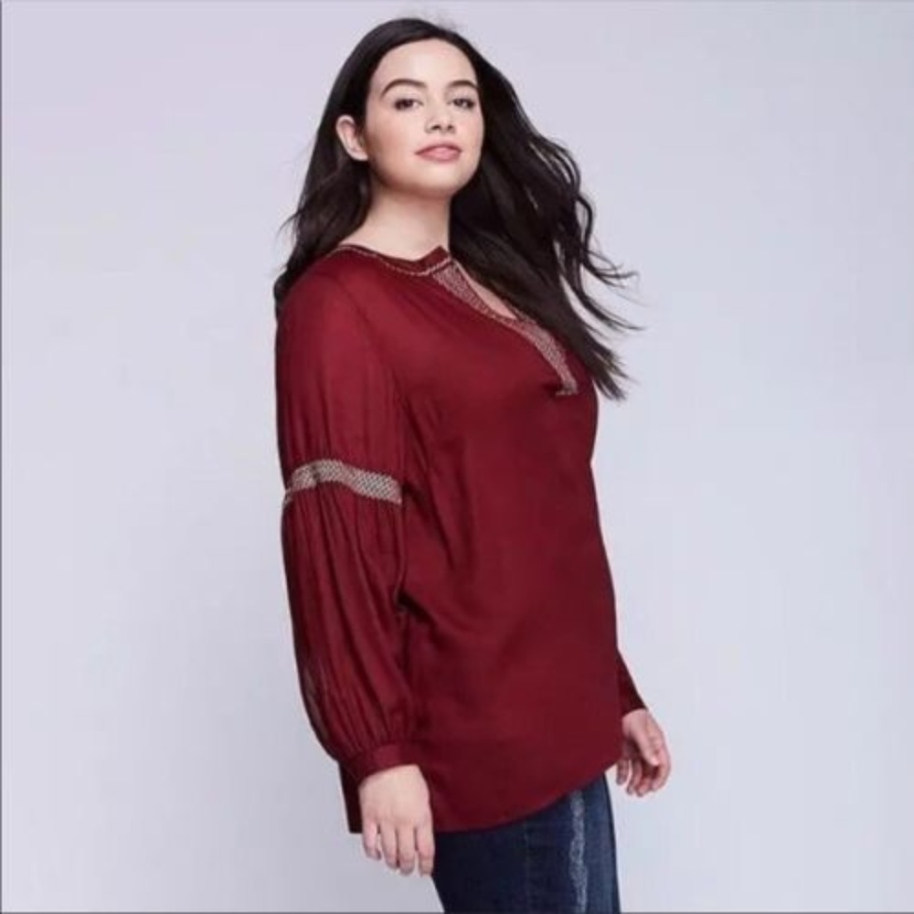 Lane Bryant Embroidered Artist Burgundy Blouse
